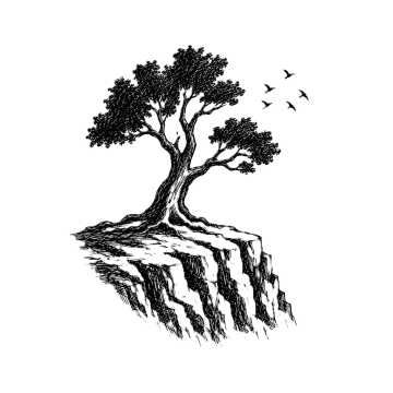 Baum auf Felsen mit Voegeln im Flug